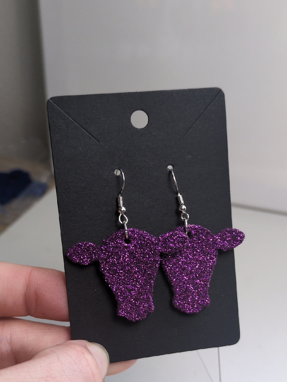 Glitter Cow Head Dangle Earrings - Purple
